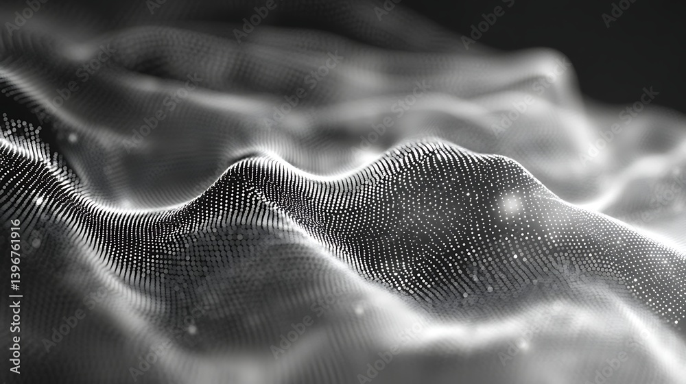 Poster Abstract representation of flowing waves created by particles, showcasing depth and texture