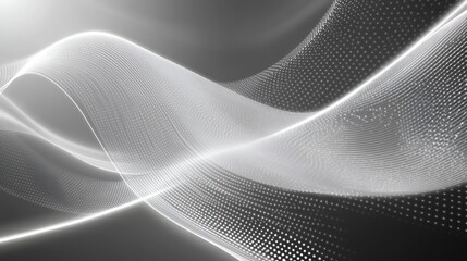 Naklejka premium Abstract black and white waves with light effects and dotted patterns creating a dynamic flow