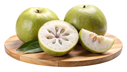Delicious Cherimoya Fruits on Wooden Board with Green Leaves
