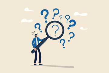 Problem analysis or problem management, analyze or investigate for root cause or incident, finding solution or discover threat or uncertain, businessman with magnifying glass analyze question marks.
