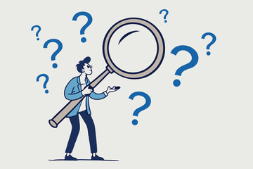 Problem analysis or problem management, analyze or investigate for root cause or incident, finding solution or discover threat or uncertain, businessman with magnifying glass analyze question marks.