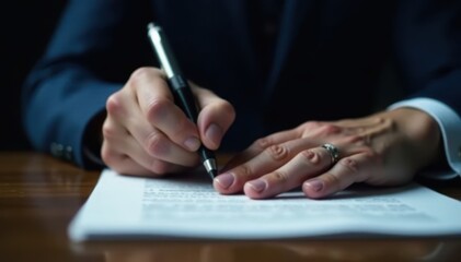 Close-up hand signing contract, dark background, legal, corporate