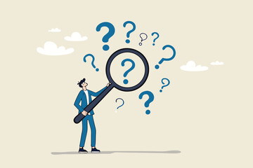 Problem analysis or problem management, analyze or investigate for root cause or incident, finding solution or discover threat or uncertain, businessman with magnifying glass analyze question marks.