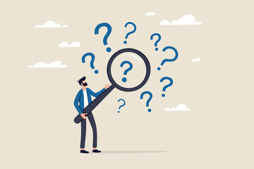 Problem analysis or problem management, analyze or investigate for root cause or incident, finding solution or discover threat or uncertain, businessman with magnifying glass analyze question marks.