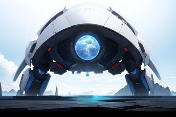 ゲーム背景　未来都市緊急個人宇宙船ロボットがあるコロニー風景