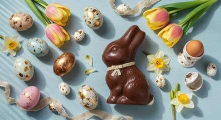 Easter celebration with chocolate bunny, painted eggs, and spring flowers on blue background