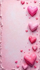 Fototapeta premium Delicate pink hearts, pastel chalk texture Rubbed effect on paper , light, Valentine's