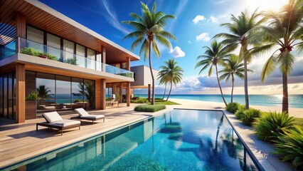 Fototapeta premium Stunning Beachfront Architecture: Luxury Coastal Homes, Ocean View Villas, Tropical Paradise