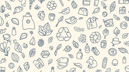 Seamless vector banner with outline eco icons, zero waste and recycling elements