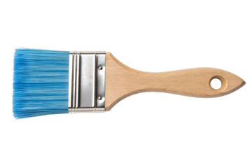 Blue bristle paint brush with wooden handle on transparent background
