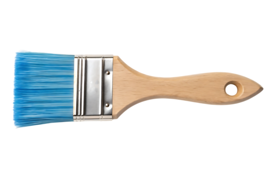 Blue bristle paint brush with wooden handle on transparent background