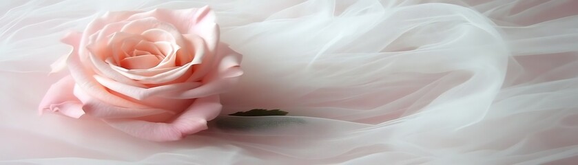 Close-up of soft pink rose lying on a soft, flowing, pale backdrop for beauty, floral design