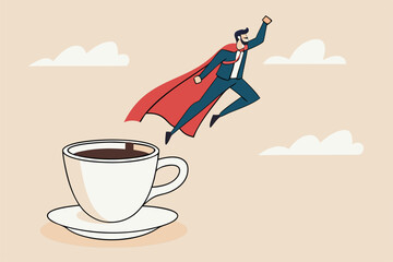 Coffee break to refresh or boost energy, morning routine to help focus and boost productivity, relax or awaken with tea break concept, businessman superhero flying from mug of coffee. © Sector30