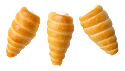 Top view set of three pieces of brown puff pastry cream horns isolated on white background with clipping path