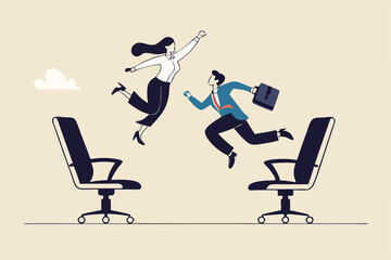 Job rotation or employee switch position for new skill and experience, moving to new responsibility within organization concept, businessman and woman jump on office chair metaphor of job rotation.