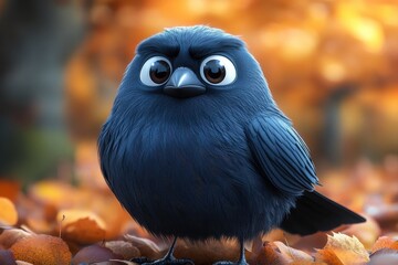 Cute animated black bird standing among colorful autumn leaves in a forest setting