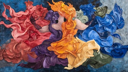 Obraz premium Colorful abstract painting depicting flowing figures in vibrant dresses dancing against a textured backdrop