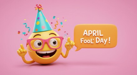 April Fools Day Emoji Celebration - A cheerful emoji celebrates April Fools' Day, wearing a party hat and glasses, holding confetti, and a speech bubble saying "April Fool's Day!". Fun, festive, joyfu