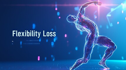 A digital representation of a male humanoid figure illustrating flexibility loss in a futuristic setting.