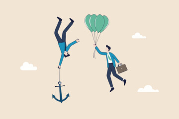 Business ranking up or down, situation for success and failure, growth or losing comparison, risk or challenge concept, businessman holding balloon rising up compare to other falling down with anchor.