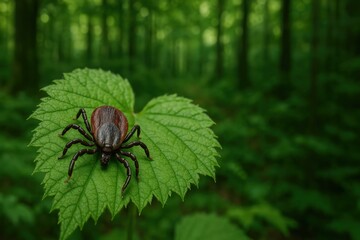 Fototapeta premium Close-up of a tick insect on a leaf in a dense forest environment, symbolizing outdoor health hazards and nature pests. 