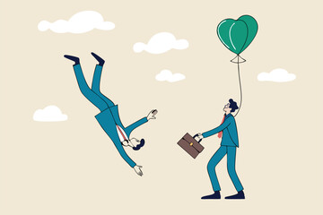 Business ranking up or down, situation for success and failure, growth or losing comparison, risk or challenge concept, businessman holding balloon rising up compare to other falling down with anchor.