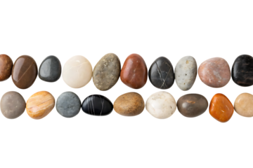 Colorful polished river stones collection on transparent background