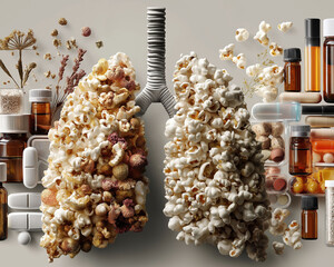 Popcorn lung disease chemicals vaping and cigarettes health treatment. Artistic depiction of popcorn lung and respiratory issues in a stock photo.