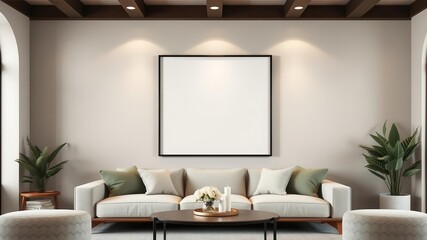 Fototapeta premium A realistic living room wall art mockup featuring a stylish black frame against a neutral background, home decor, stylish, background