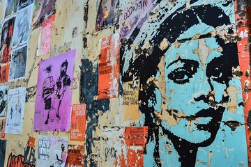 Vibrant and powerful wheat-pasted posters burst forth from an urban wall, each artistic design and