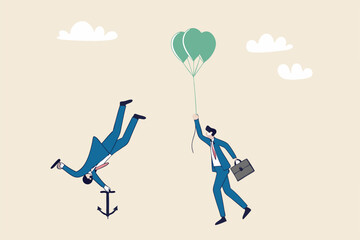 Business ranking up or down, situation for success and failure, growth or losing comparison, risk or challenge concept, businessman holding balloon rising up compare to other falling down with anchor.