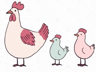 Off White Hen and Two Pastel Chicks Illustration, Generative AI.