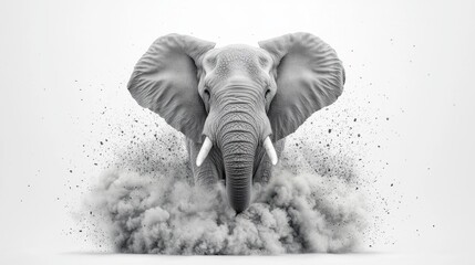 Monochromatic Elephant Emerging from Pixelated Dust Cloud, Generative AI.