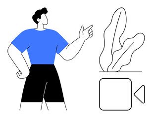 Individual gesturing confidently toward abstract leaf shapes beside a video play button. Ideal for education, tutorials, presentations, training, creative media, online interactions, flat simple