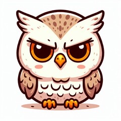 Obraz premium Cute brown cartoon owl, a funny wise bird illustration with big eyes and a wing, perched on a branch in nature