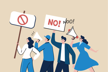 Employee protest, work strike or people demonstration, social gathering, activism protest for civil right, democracy or politic concept, people carrying protesting sign shouting on megaphone.