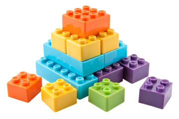 Colorful plastic building blocks pyramid for kids on transparent background
