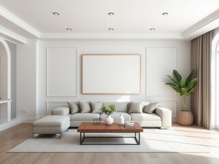 Fototapeta premium A spacious living room with minimalist wall art mockup, creating a modern and aesthetic atmosphere, spacious, interior design, comfortable
