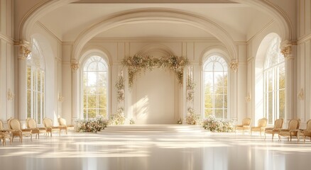 A lavish, elegantly decorated wedding venue with a floral archway.