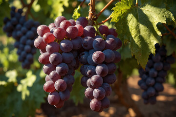 Obraz premium A close-up of ripe grape clusters hanging from a vine in the sun. Their deep purple and green hues shine beautifully against the lush leaves