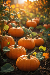 A close-up of vibrant orange pumpkins growing in a sunlit garden. Their round shapes and rich colors highlight their ripeness and autumn harvest