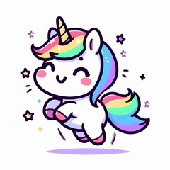 Fototapeta premium Cute cartoon vector illustration of a funny happy baby unicorn with a cloud, rainbow, and stars design