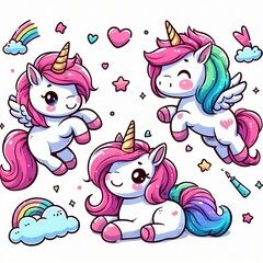 Fototapeta premium Cute cartoon vector illustration of a funny happy baby unicorn with a cloud, rainbow, heart and flower design