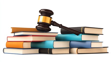 A wooden gavel rests atop a stack of colorful legal books, symbolizing justice, law, and the legal profession. This image conveys the essence of authority and legal knowledge.