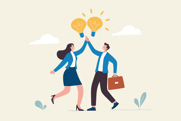 Exchange idea, creativity and innovation, brainstorming or sharing intelligence data, solution or communication, discussing or learn together, businessman and woman share lightbulb idea to colleagues.