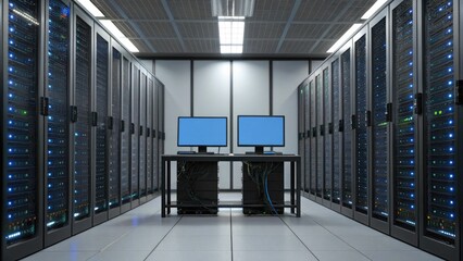 Artificial Intelligence  Machine Learning Business Concept Data center with servers and monitors, showcasing a high-tech environment.
