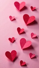 Delicate pink and red paper hearts, close-up view, sweet, anniversary, holiday