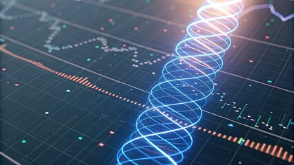 Artificial Intelligence Machine Learning Business Concept Futuristic data visualization featuring a DNA helix overlaid on financial graphs and charts.
