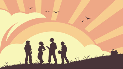 Fototapeta premium Vector illustration of workers silhouettes with sunburst in the background, May 1st Day, Labour Day concept, Happy Labour Day, Labor Day, Workers Day