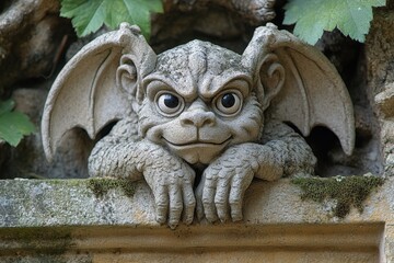 Obraz premium Gargoyle sculpture resting on stone ledge surrounded by greenery in a tranquil outdoor setting